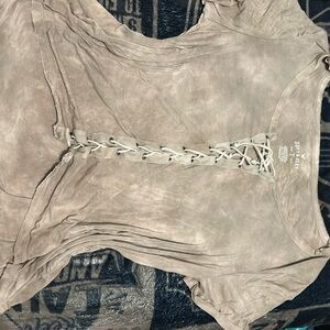 American Eagle Outfitters Cream Short Sleeve Cut Out Tie Front Tee